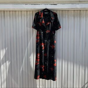 TUCKER black silk floral dot print short sleeve midi dress